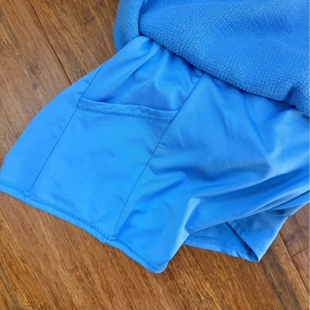 ALO Tennis Club Sweater knit bra and matching skirt set blue with white trim
